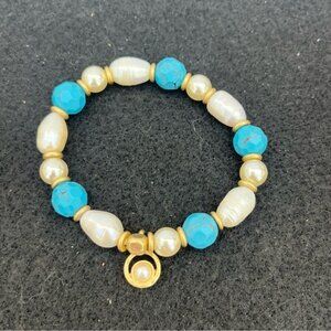 Lia Sophia Brio Turquoise Faux Pearls & Gold Stretch Bracelet